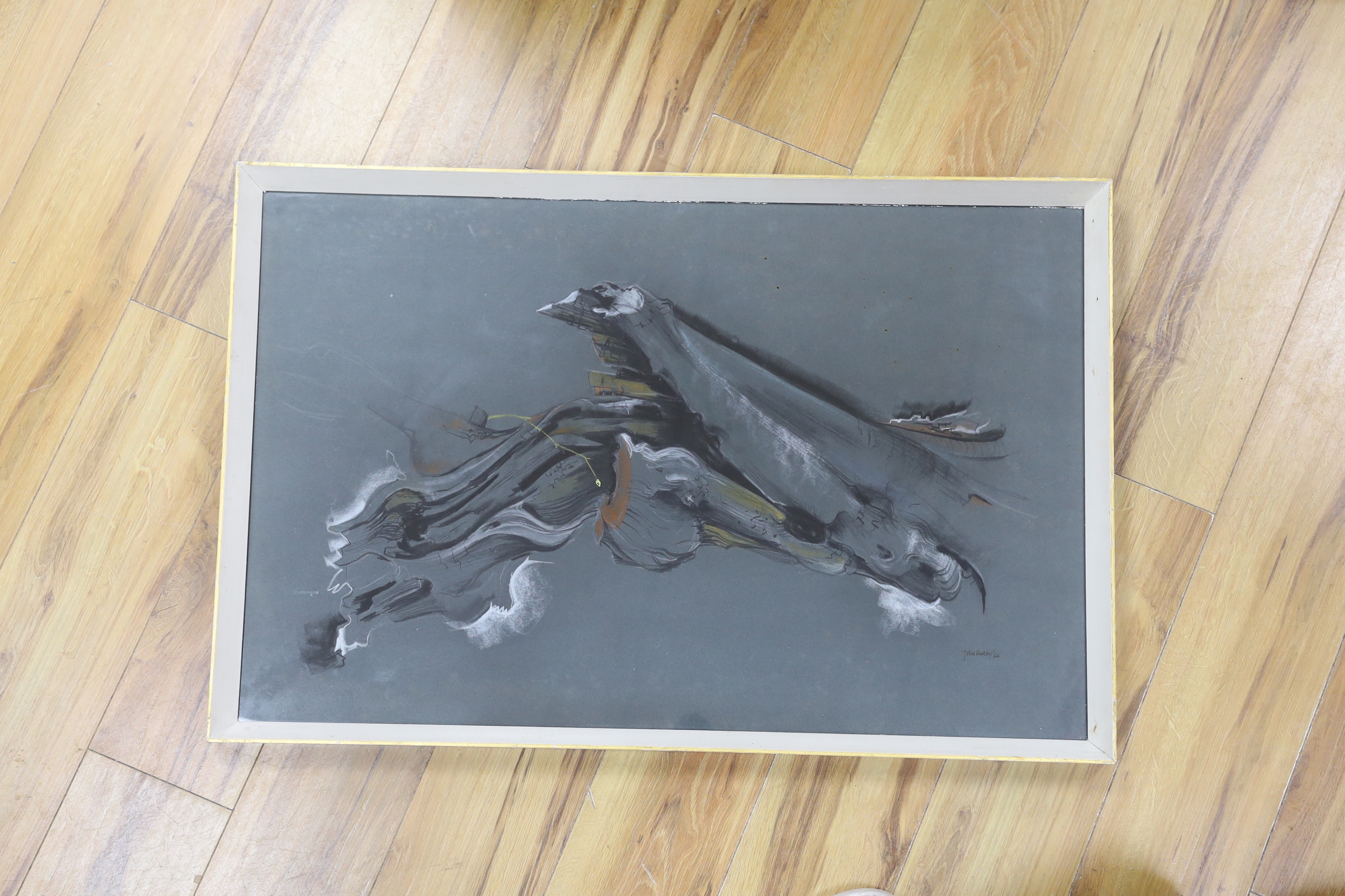 John Skelton (1923-2009), heightened pastel, ‘Life and death’, signed and dated '64, partial label verso, 85 x 54cm